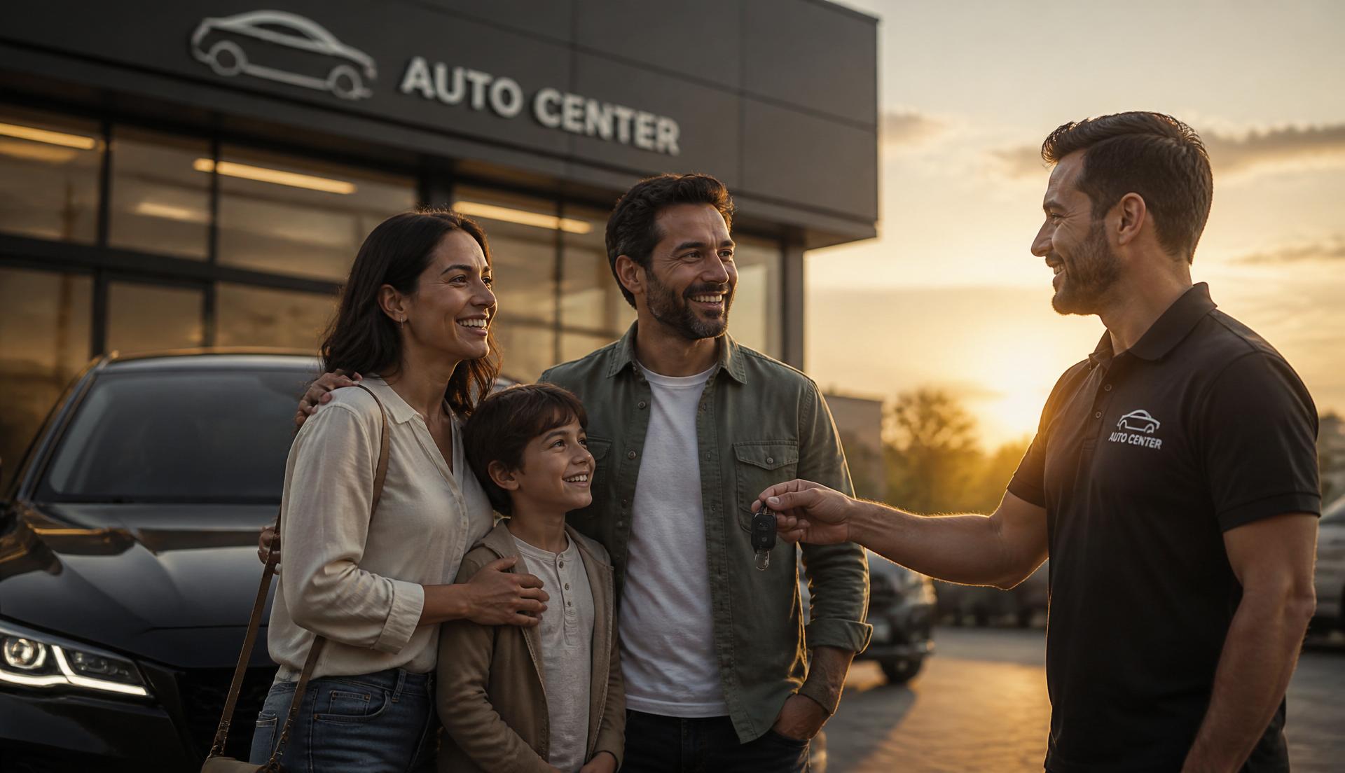 Família recebendo o carro de um profissional em um centro automotivo ao entardecer